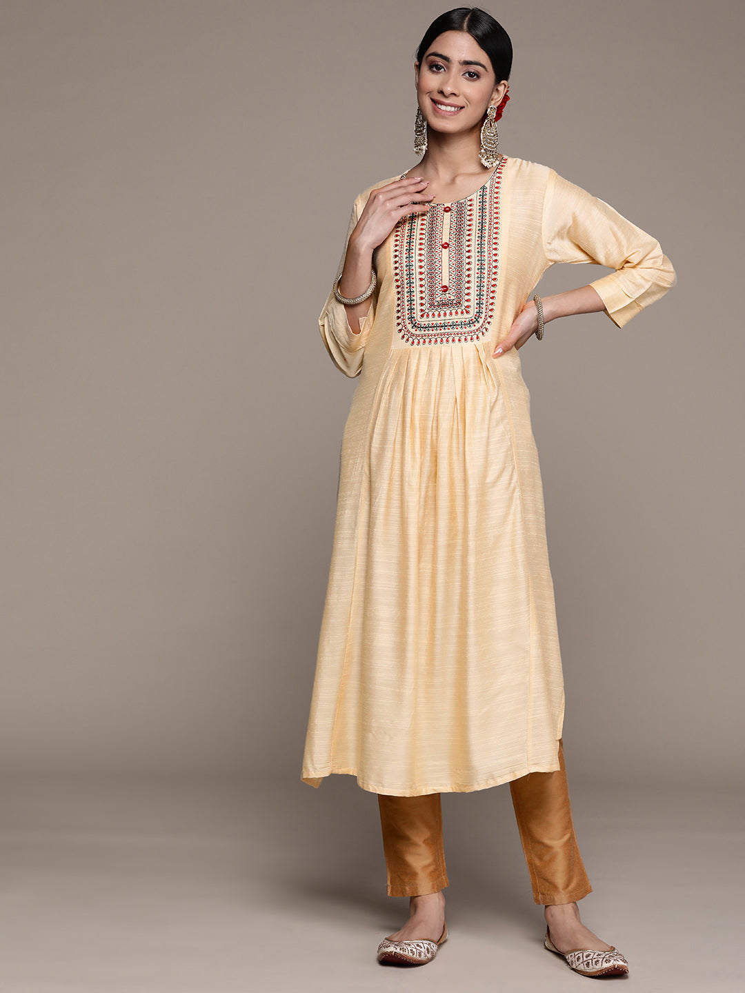 Ishin Women's Cotton Silk Cream Embroidered A-Line Kurta