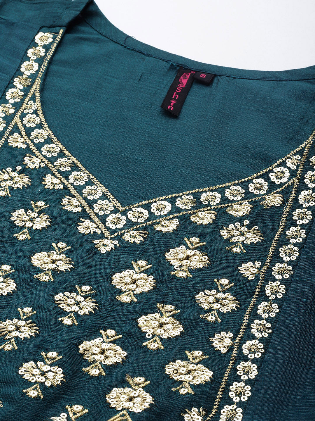 Ishin Women's Silk Blend Teal Embroidered A-Line Kurta
