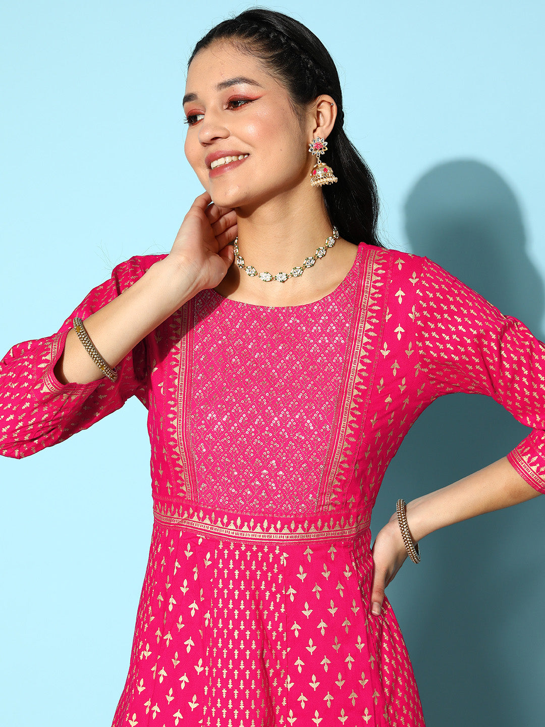 Ishin Women's Fuchsia Embellished Anarkali Kurta