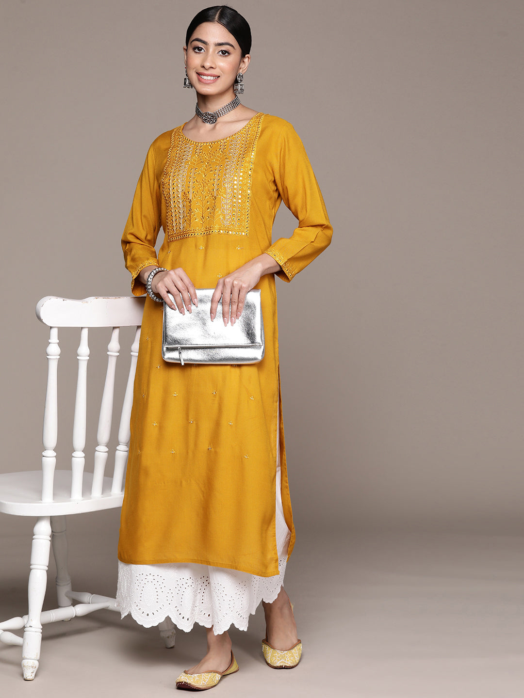 Ishin Women's Mustard Embellished Straight Kurta