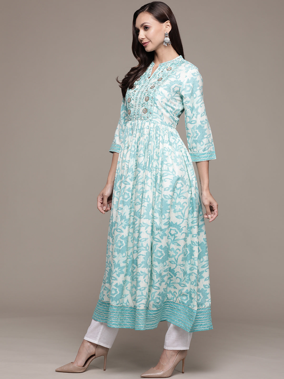 Ishin Women's Green Embellished Anarkali Kurta with Dupatta
