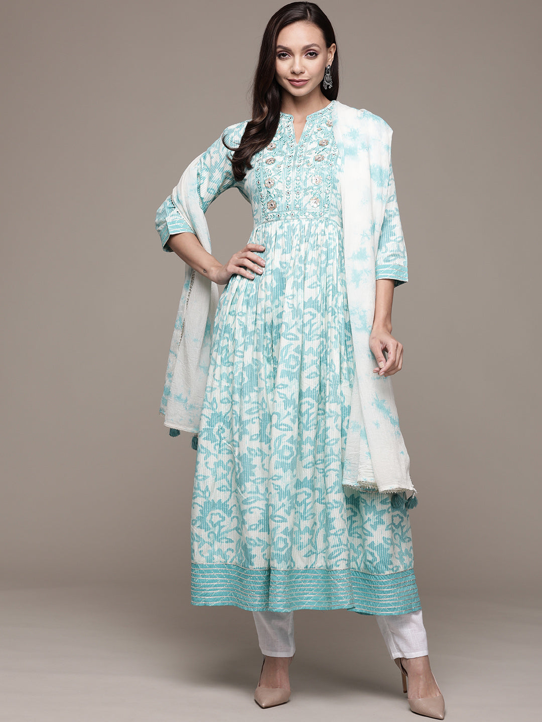 Ishin Women's Green Embellished Anarkali Kurta with Dupatta