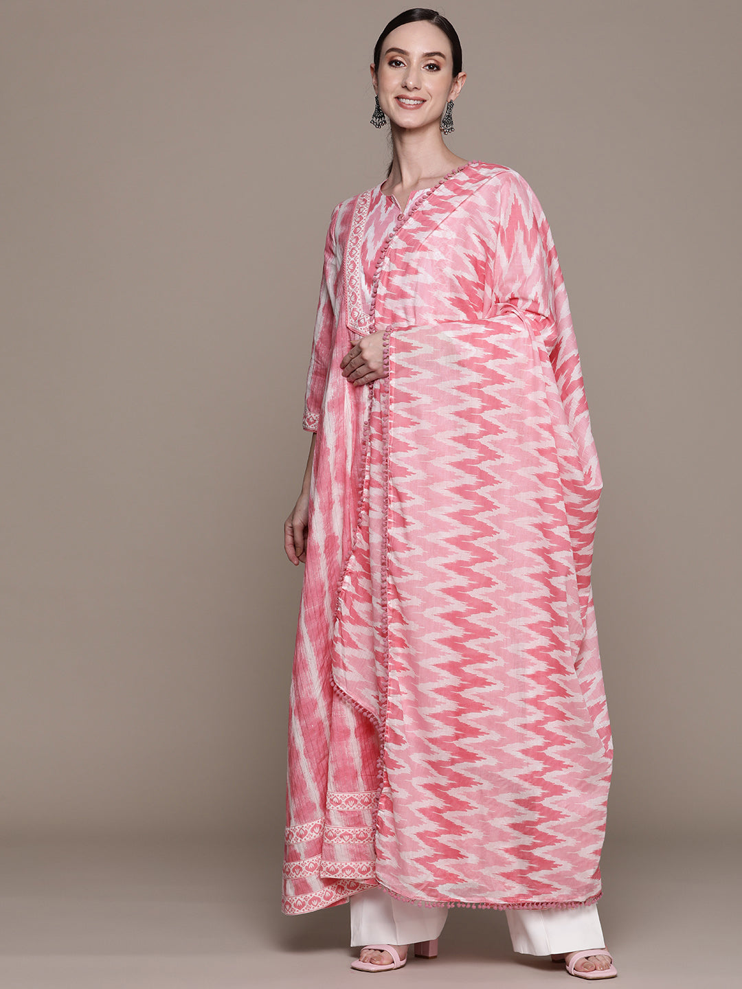 Ishin Women's Cotton Pink & White Printed Anarkali Kurta With Dupatta