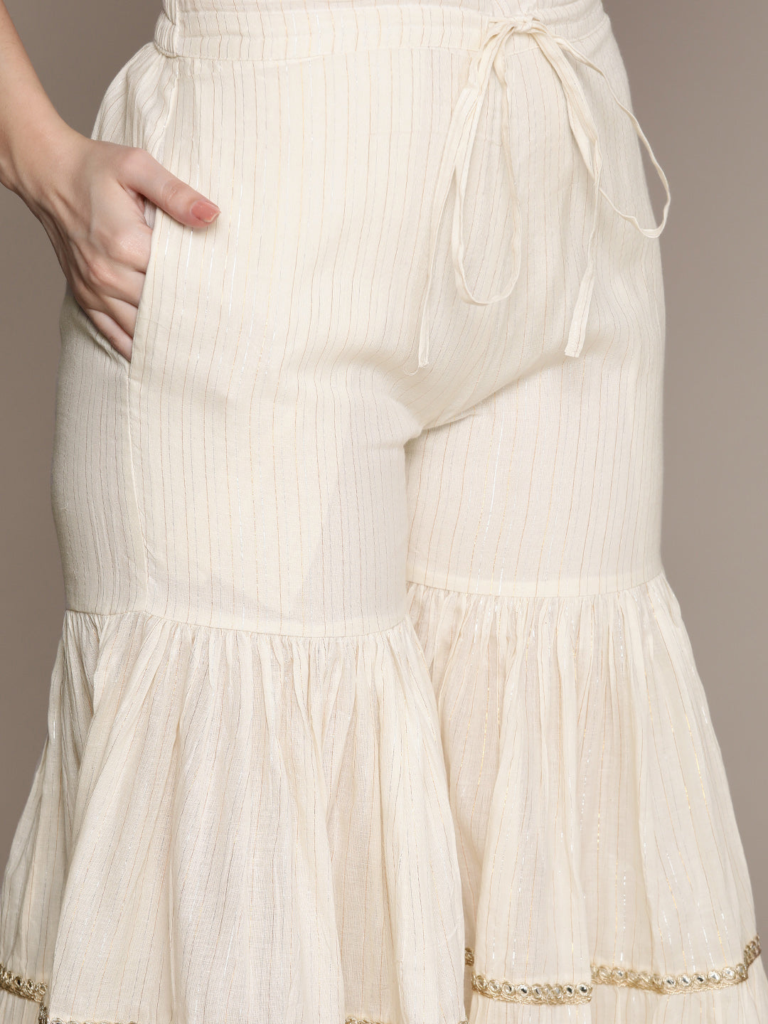 Ishin Women's Off White Embroidered Crop Top with Sharara & Jacket