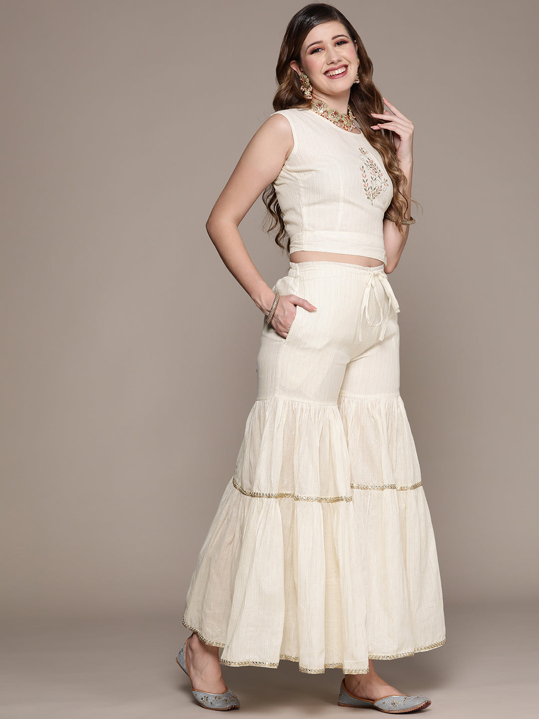 Buy Bright White Sharara Suit In Georgette With Fully Embroidered Top &  Flowy Pants