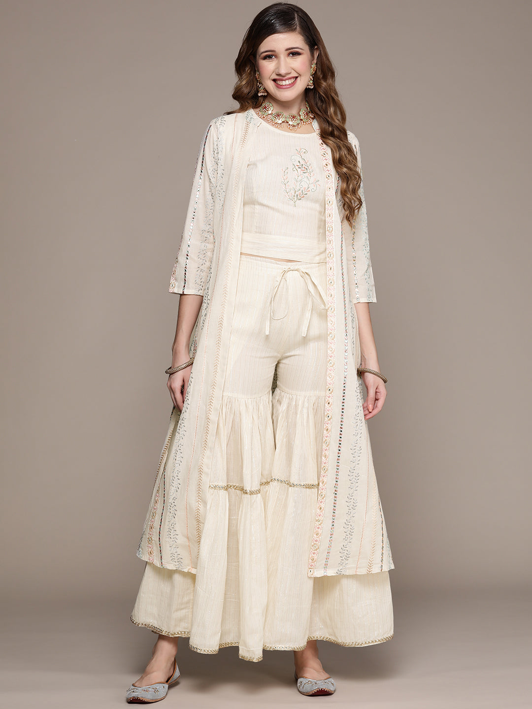 Ishin Women's Off White Embroidered Crop Top with Sharara & Jacket