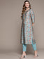 Ishin Women's Blue Floral A-Line Kurta with Trouser