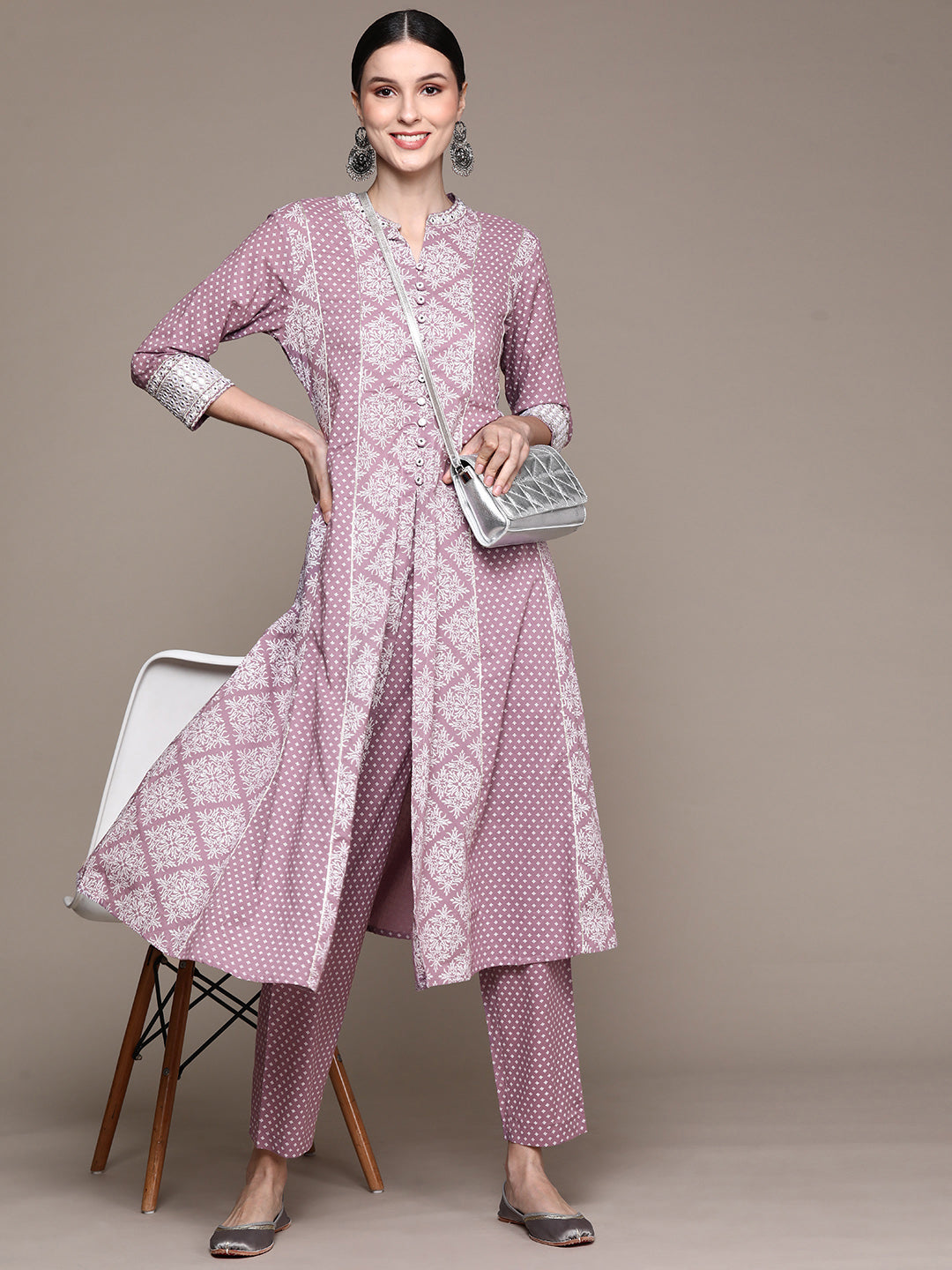 Ishin Women's Purple Printed Anarkali Kurta with Trouser