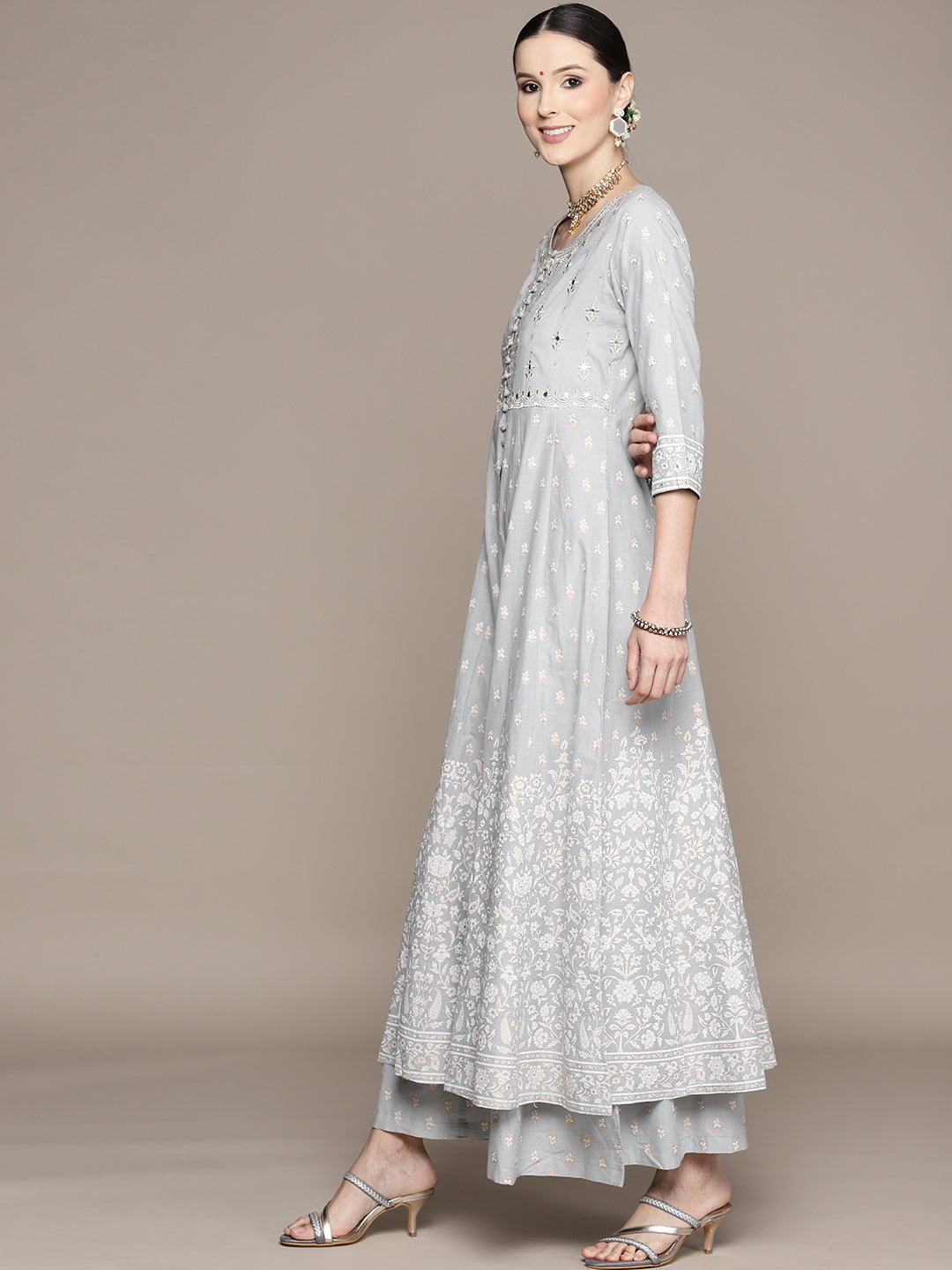 Ishin Women's Grey Zari Embroidered Aanarkali Kurta with Sharara