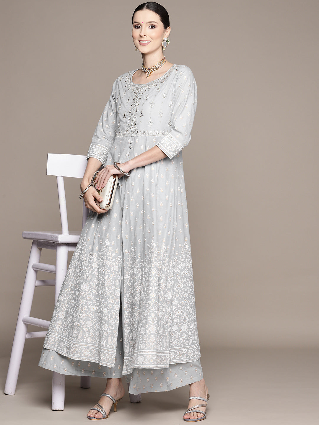 Ishin Women's Grey Zari Embroidered Aanarkali Kurta with Sharara