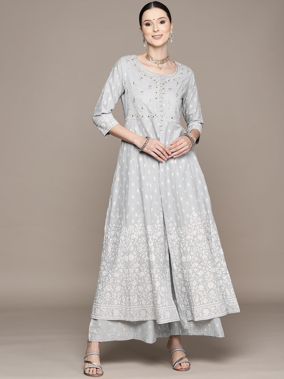 Ishin Women's Grey Zari Embroidered Aanarkali Kurta with Sharara