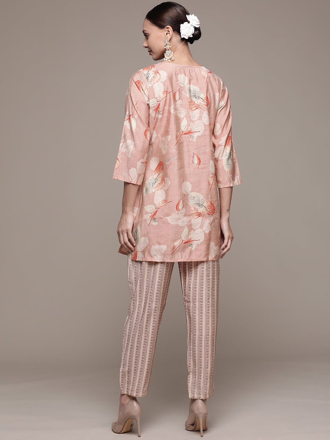 Ishin Women's Silk Blend Peach Embroidered A-Line Kurti Trouser Set