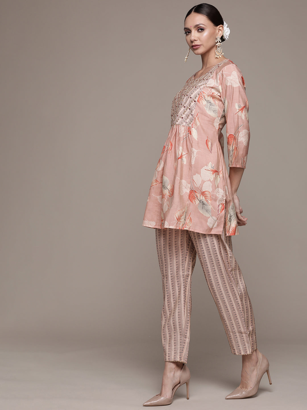 Ishin Women's Silk Blend Peach Embroidered A-Line Kurti Trouser Set