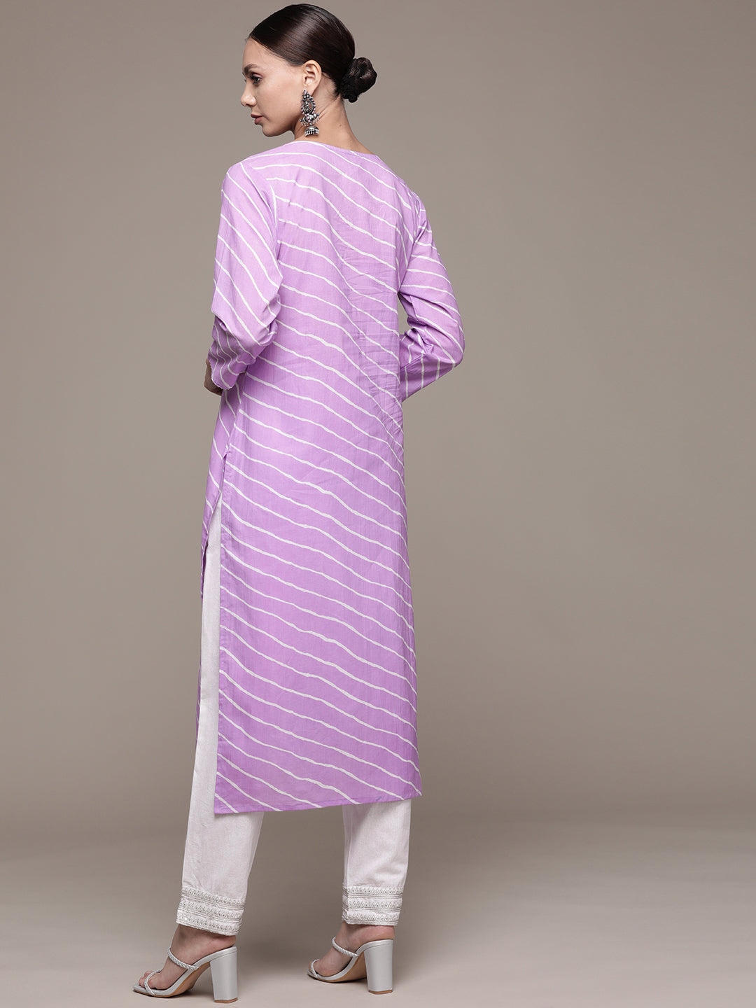 Ishin Women's Cotton Purple & Off White Embroidered A-Line Kurta Trouser Set