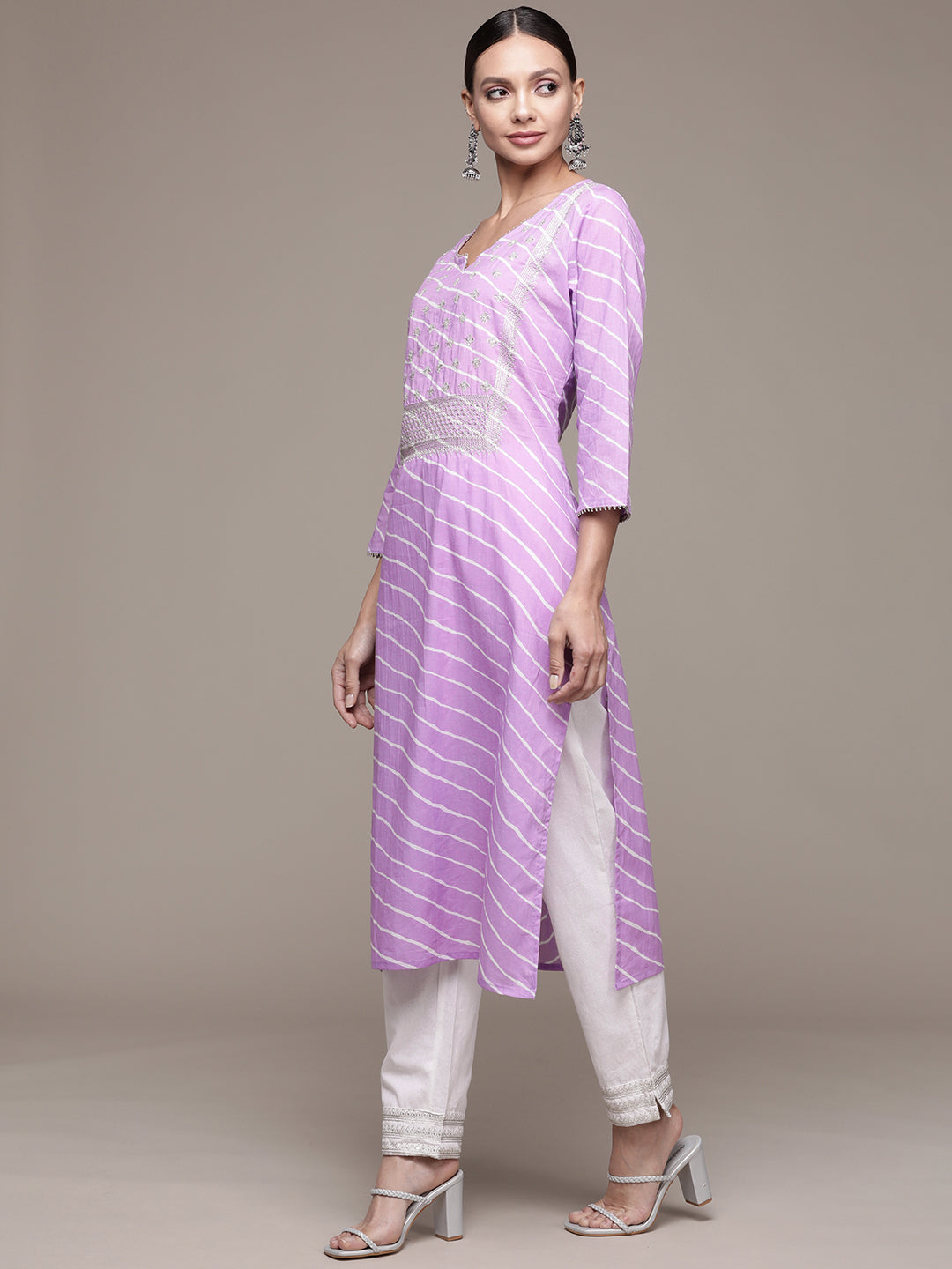 Ishin Women's Cotton Purple & Off White Embroidered A-Line Kurta Trouser Set