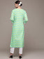 Ishin Women's Cotton Green & White Embroidered A-Line Kurta Trouser Set