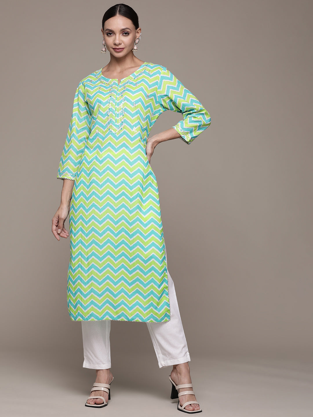 Ishin Women's Cotton Green & White Embroidered A-Line Kurta Trouser Set