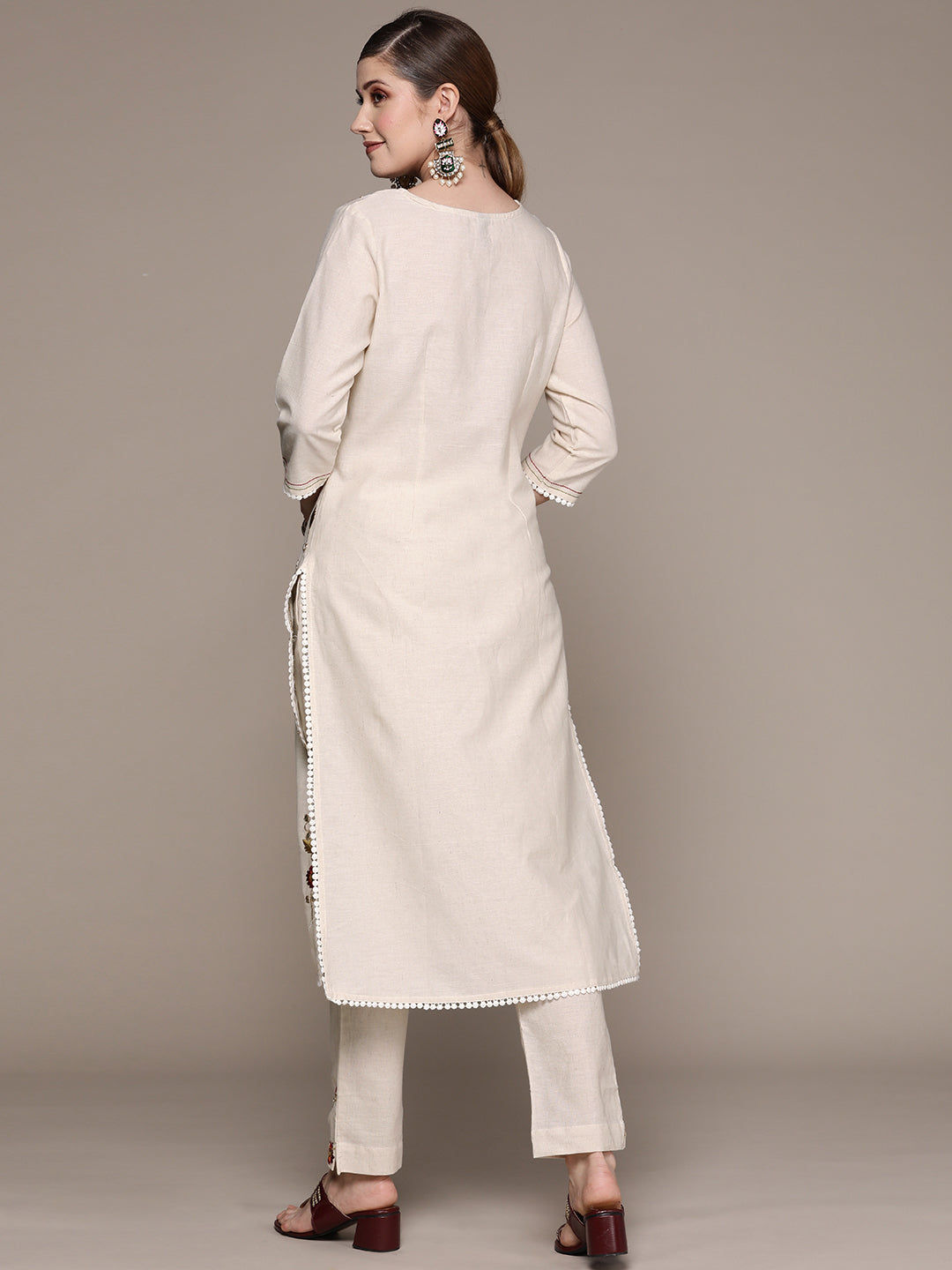 Ishin Women's Off White Embroidered A-Line Kurta with Trouser 