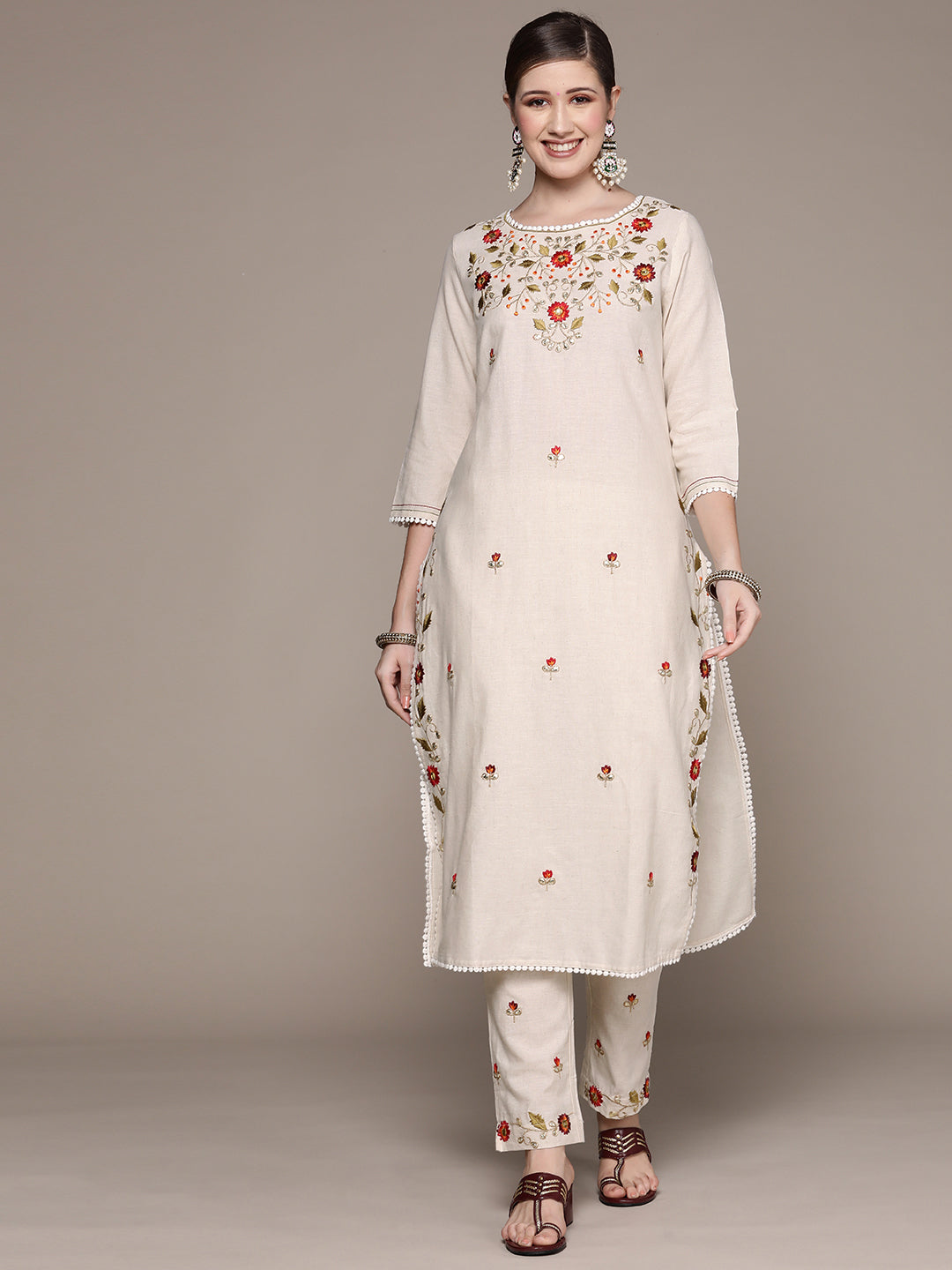 Ishin Women's Off White Embroidered A-Line Kurta with Trouser 
