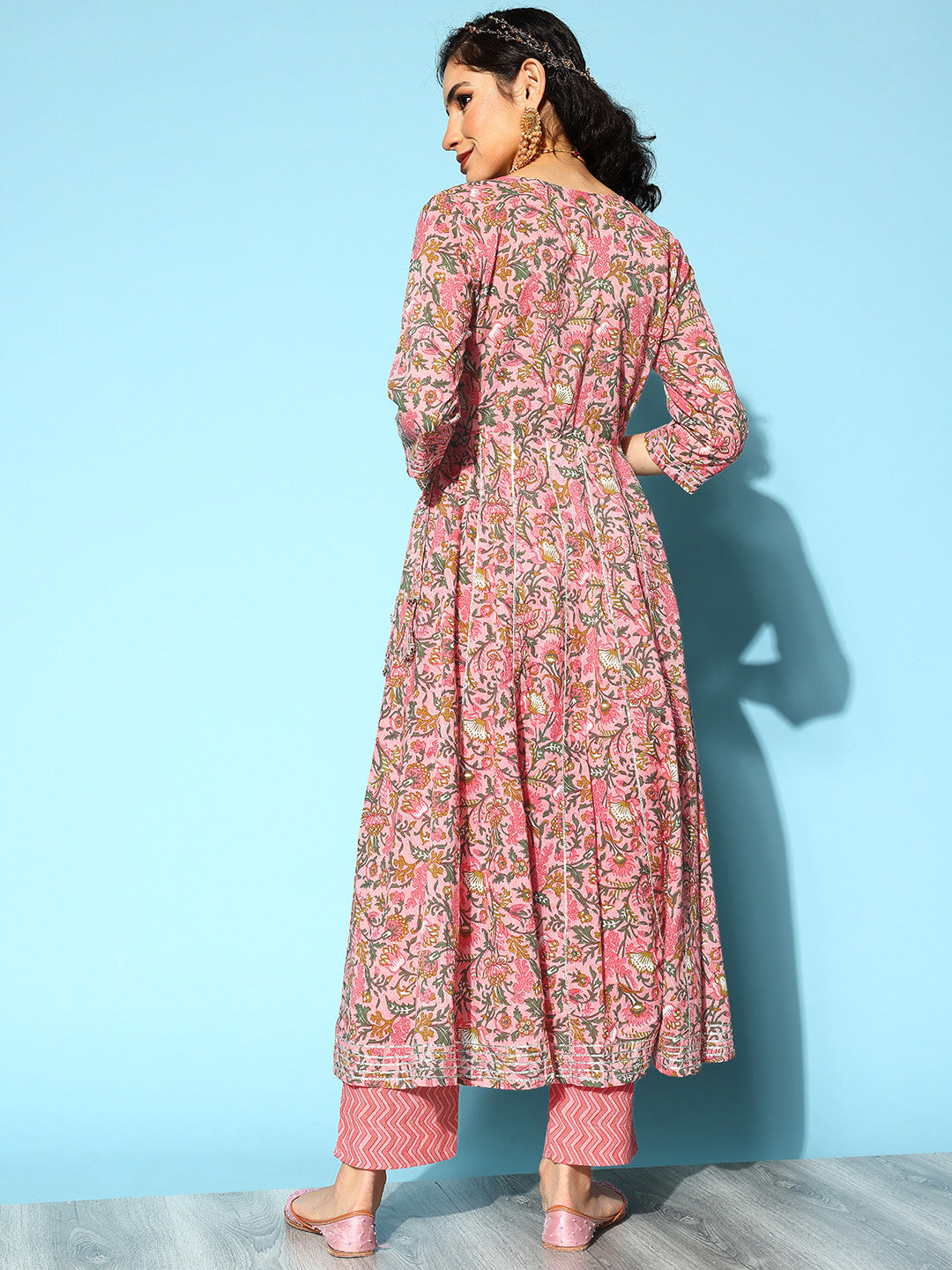 Ishin Women's Cotton Pink Embroidered Floral Anarkali Kurta Trouser Set