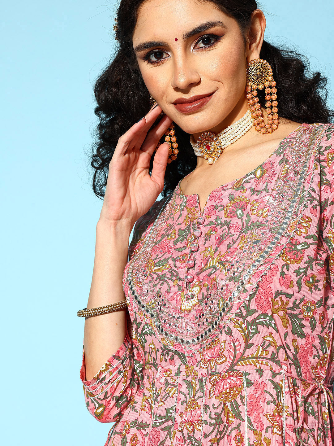 Ishin Women's Cotton Pink Embroidered Floral Anarkali Kurta Trouser Set