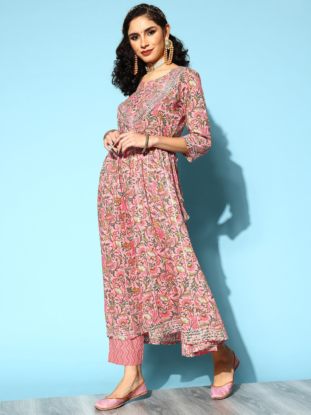 Ishin Women's Cotton Pink Embroidered Floral Anarkali Kurta Trouser Set