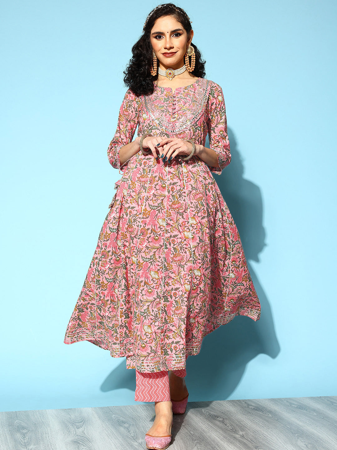 Ishin Women's Cotton Pink Embroidered Floral Anarkali Kurta Trouser Set