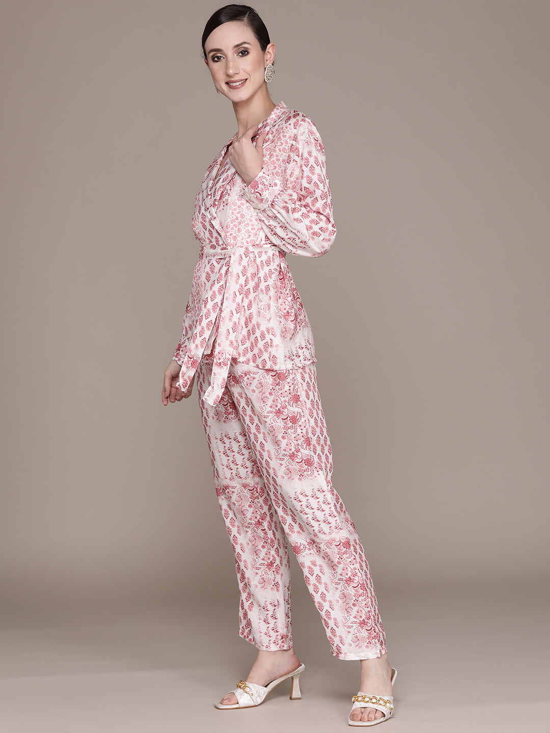 Ishin Women's Pink Floral Printed Top with Trouser