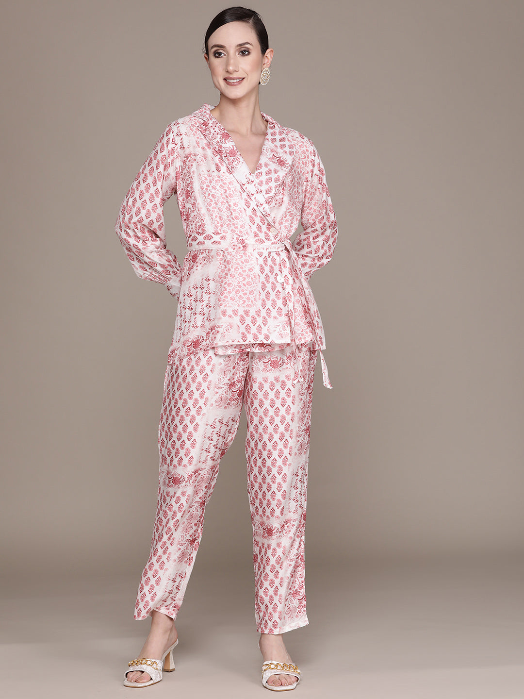 Ishin Women's Pink Floral Printed Top with Trouser