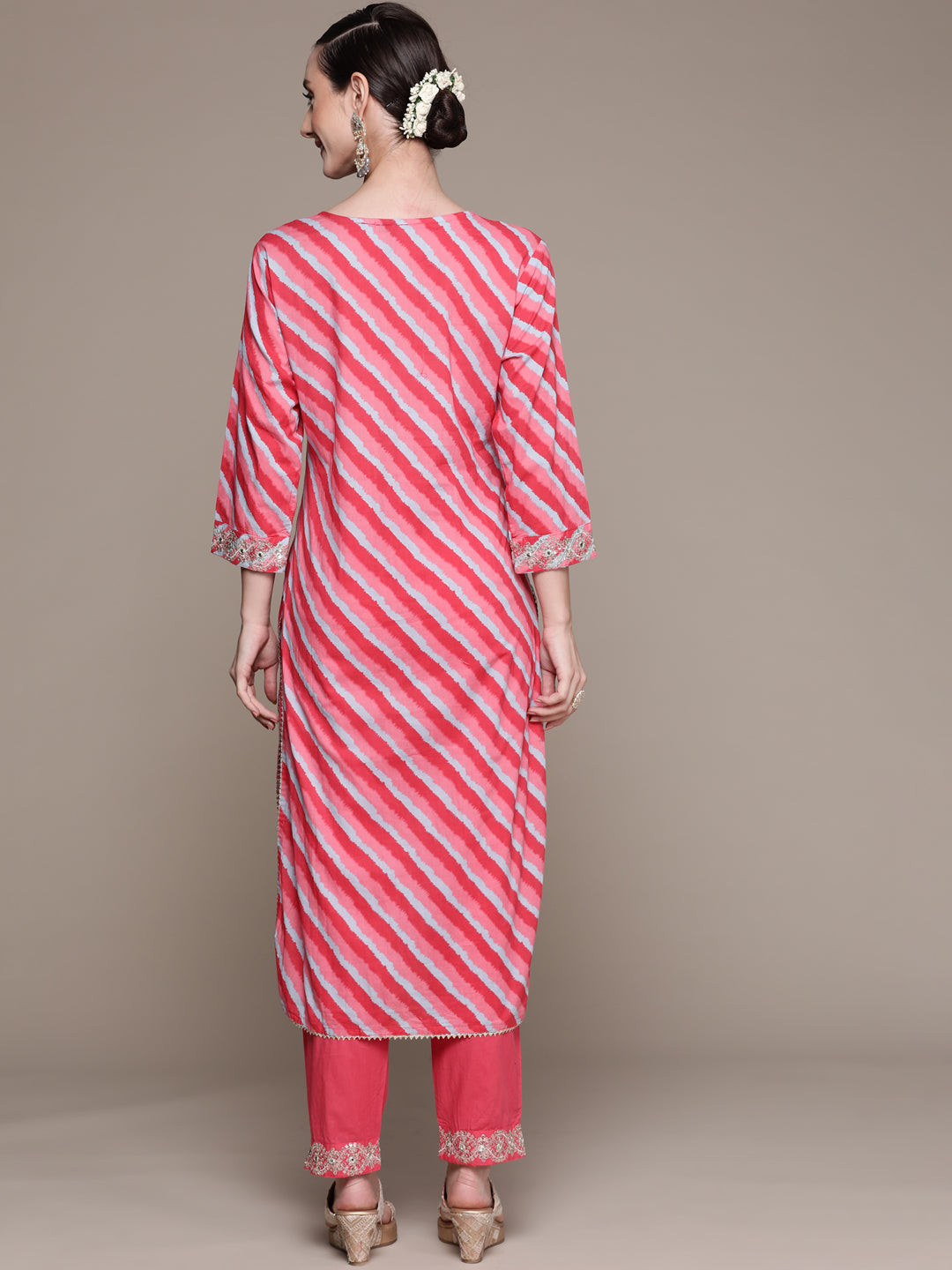 Ishin Women's Cotton Pink Embroidered A-Line Kurta Trouser Set
