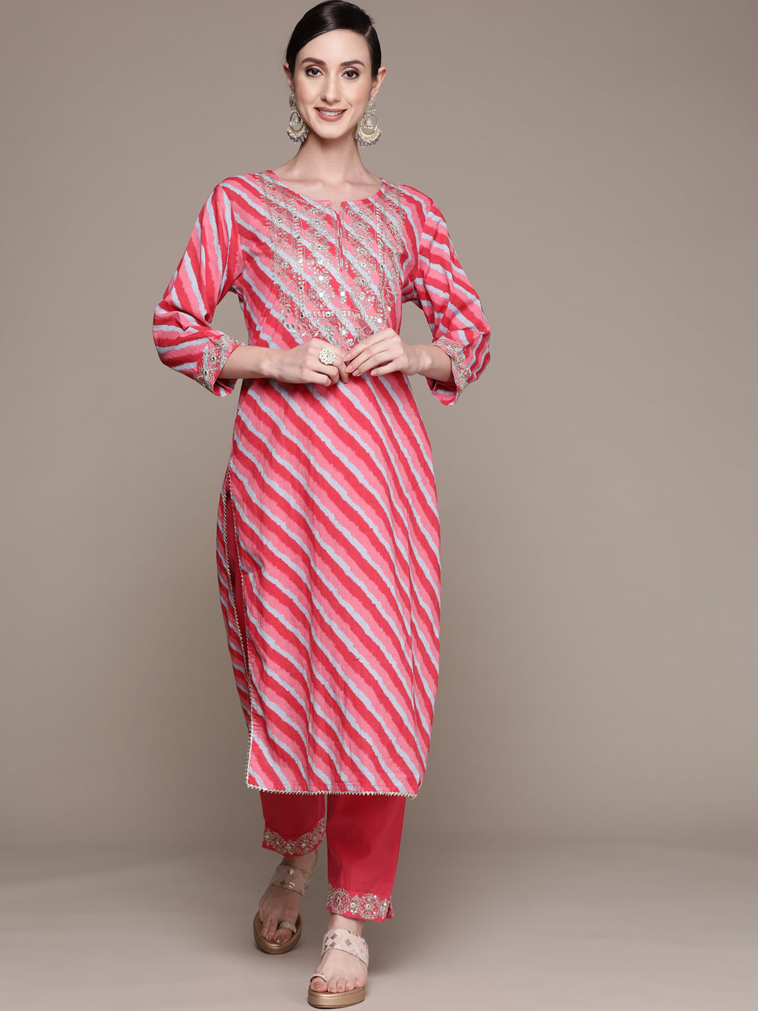 Ishin Women's Cotton Pink Embroidered A-Line Kurta Trouser Set