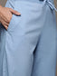 Ishin Women's Cotton Blue Embroidered A-Line Kurta Trouser Set
