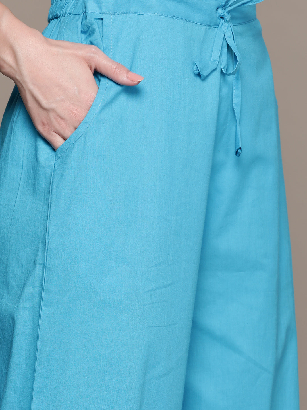 Ishin Women's Cotton Blue Yoke Design A-Line Kurta With Harem Pant