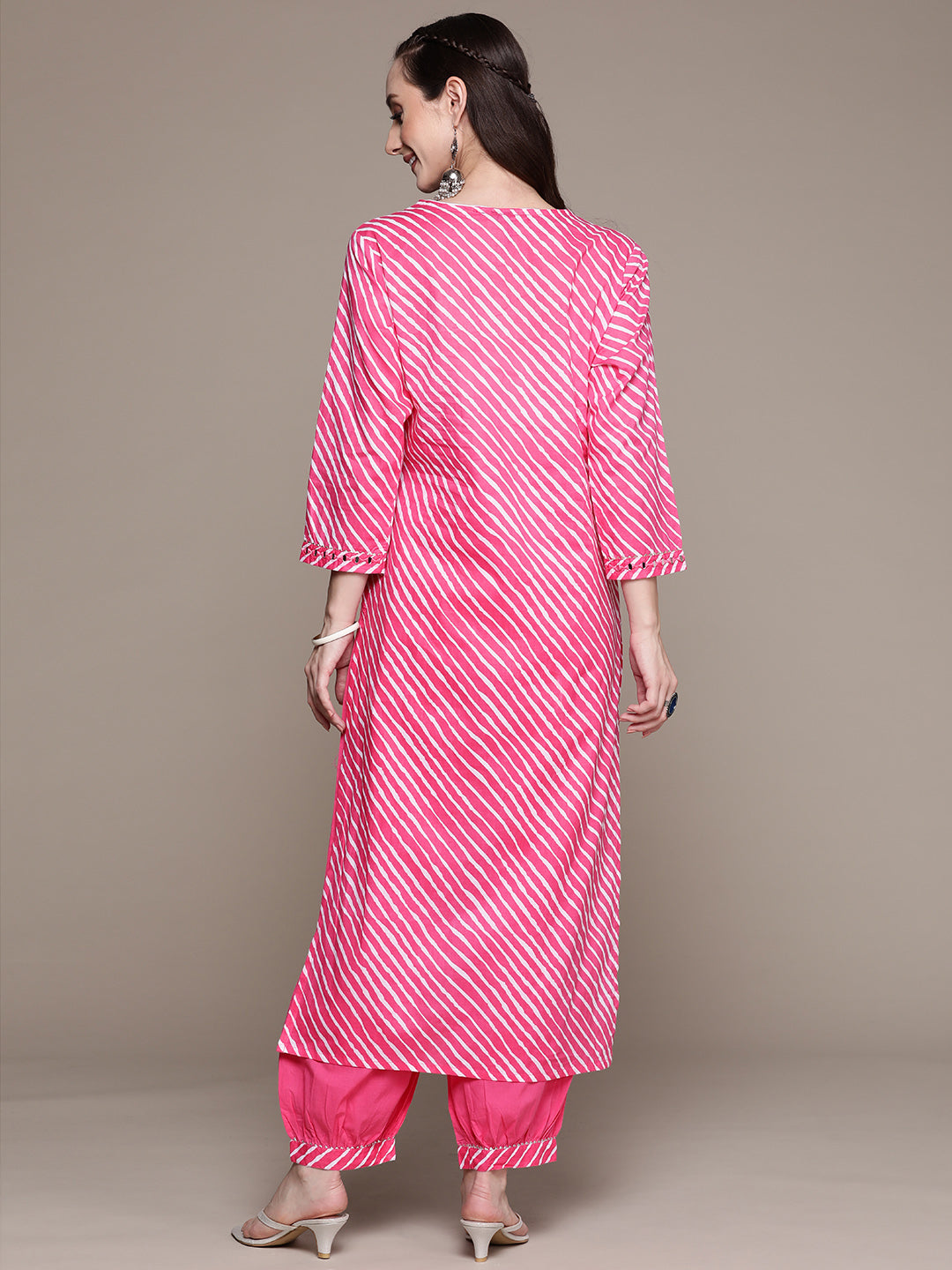 Ishin Women's Cotton Pink Yoke Design A-Line Kurta With Harem Pant