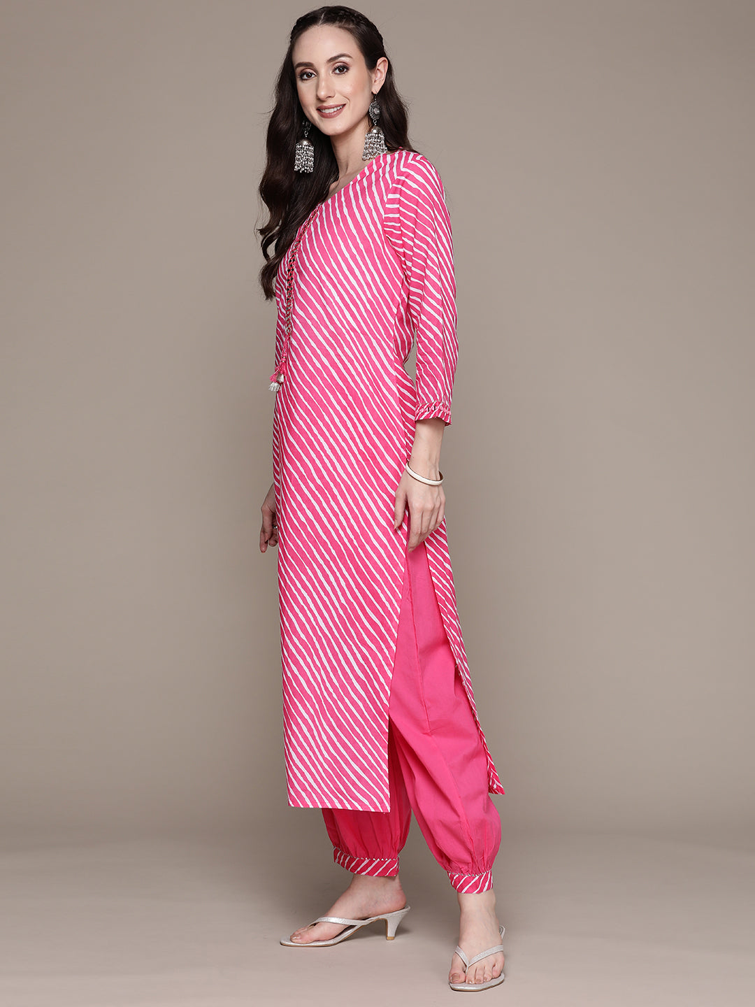 Ishin Women's Cotton Pink Yoke Design A-Line Kurta With Harem Pant