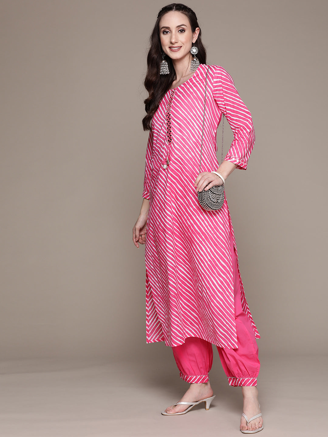 Ishin Women's Cotton Pink Yoke Design A-Line Kurta With Harem Pant