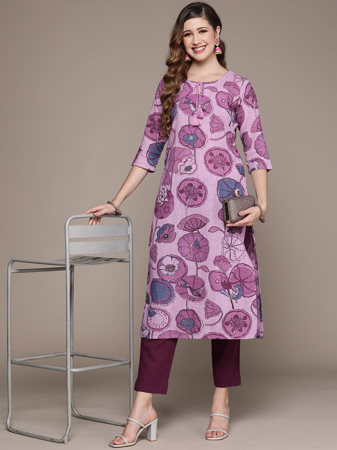 Ishin Women's Purple Embellished A-Line Kurta with Trouser