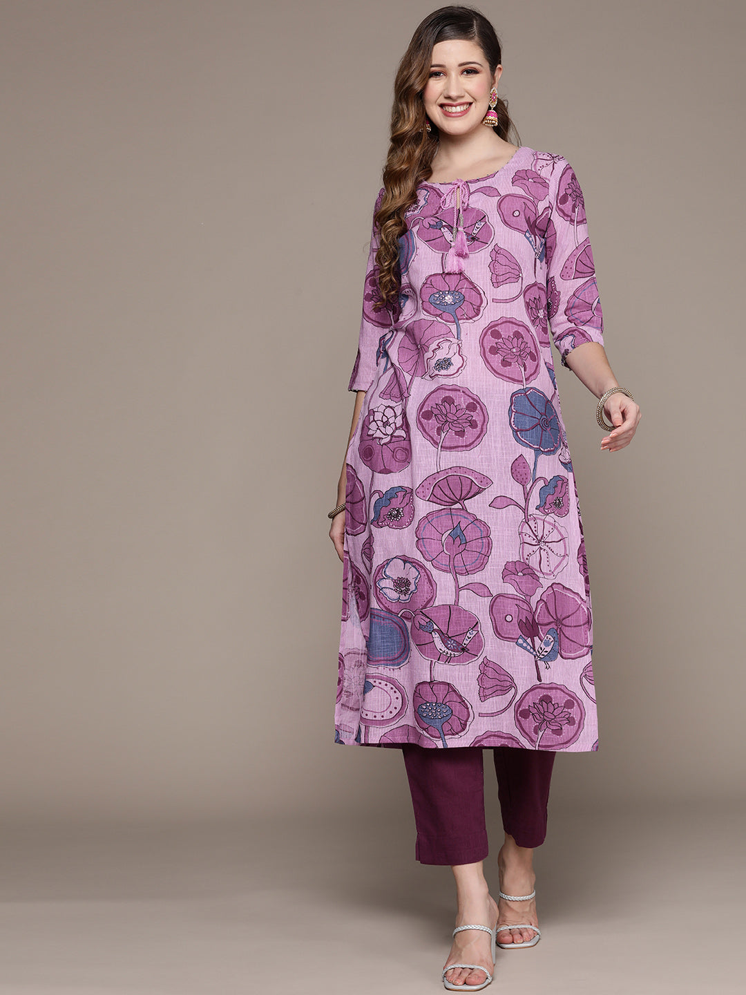 Ishin Women's Purple Embellished A-Line Kurta with Trouser