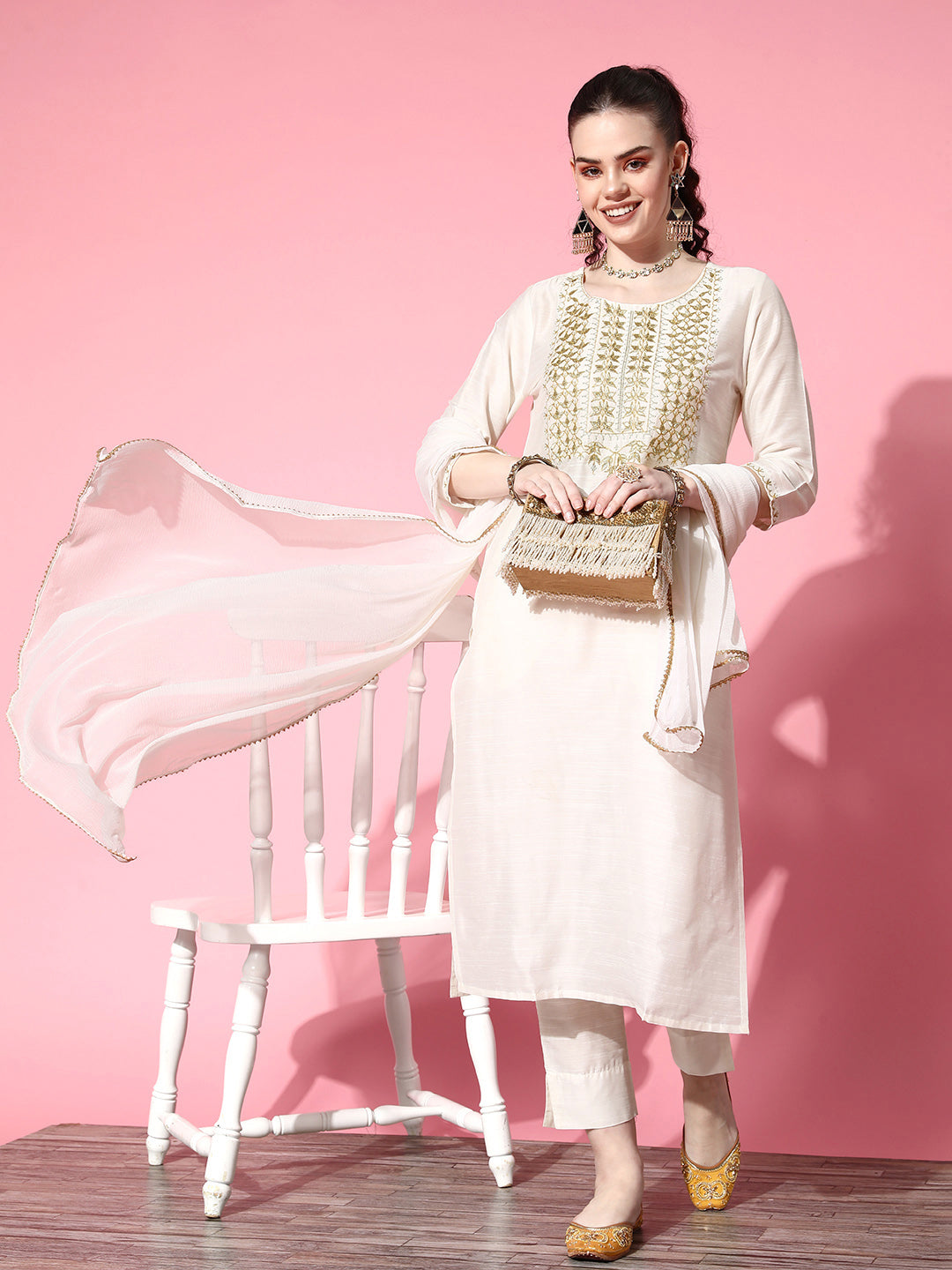Ishin Women's Cotton Blend Off White Yoke Design A-Line Kurta Trouser Dupatta Set