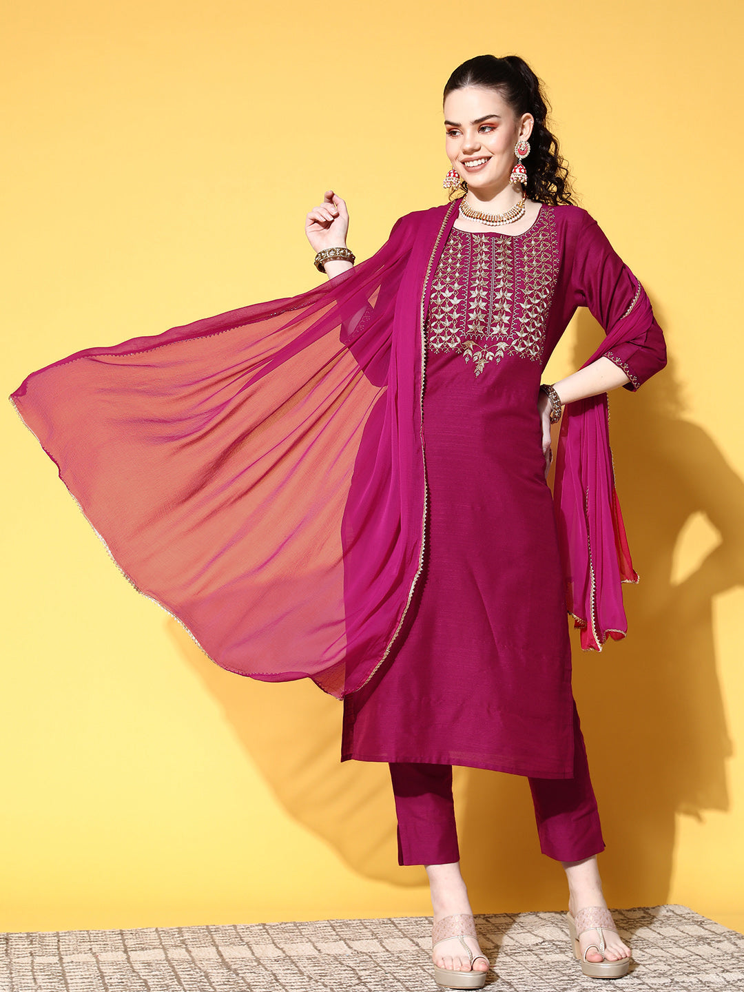 Ishin Women's Cotton Blend Magenta Yoke Design A-Line Kurta Trouser Dupatta Set