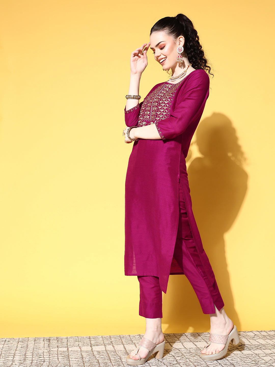 Ishin Women's Cotton Blend Magenta Yoke Design A-Line Kurta Trouser Dupatta Set