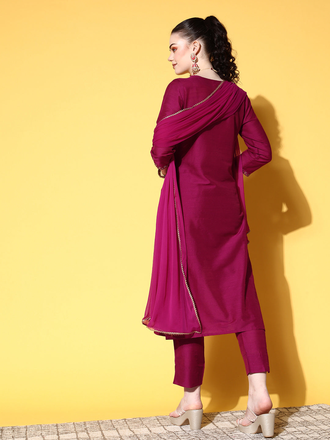Ishin Women's Cotton Blend Magenta Yoke Design A-Line Kurta Trouser Dupatta Set