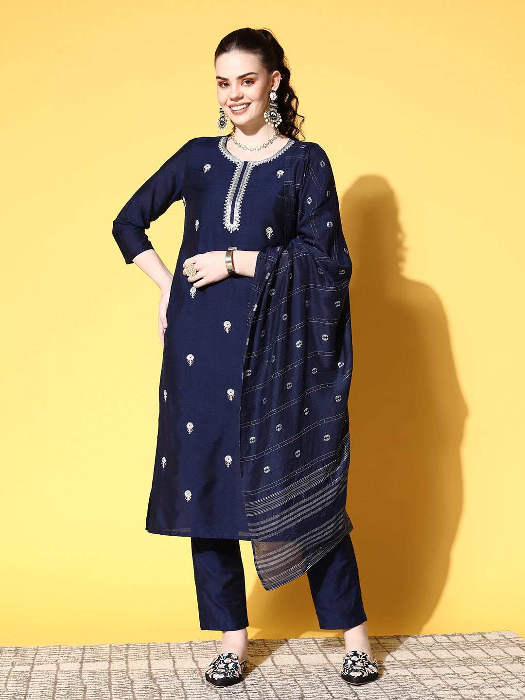 Ishin Women's Cotton Blend Navy Blue Embroidered A-Line Kurta Trouser Dupatta Set