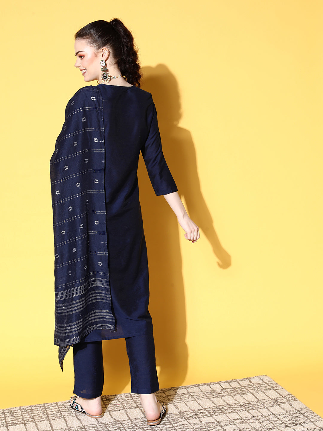 Ishin Women's Cotton Blend Navy Blue Embroidered A-Line Kurta Trouser Dupatta Set