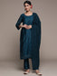 Ishin Women's Teal Sequinned Embellished A-Line Kurta Trouser Dupatta Set