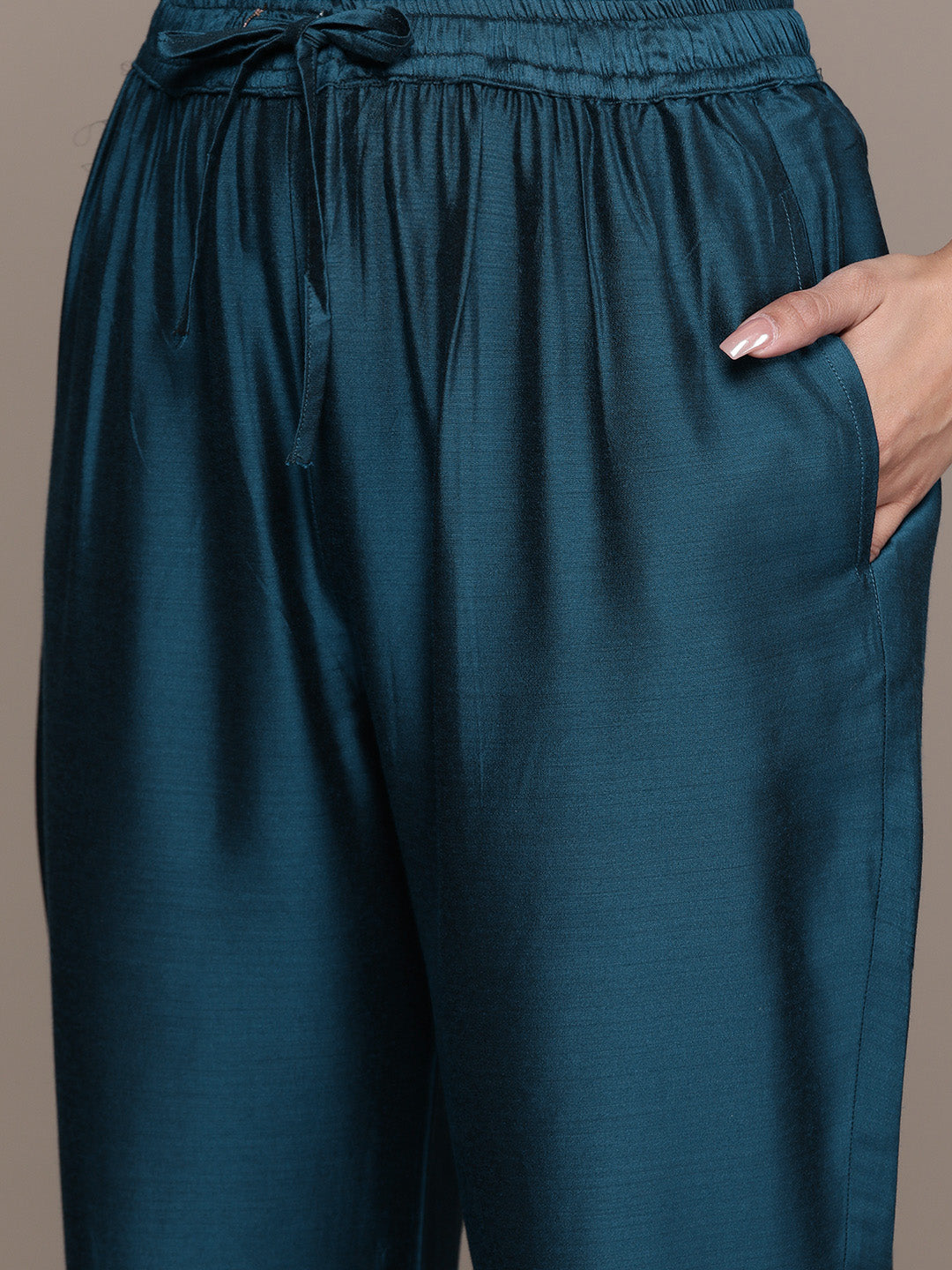 Ishin Women's Teal Sequinned Embellished A-Line Kurta Trouser Dupatta Set