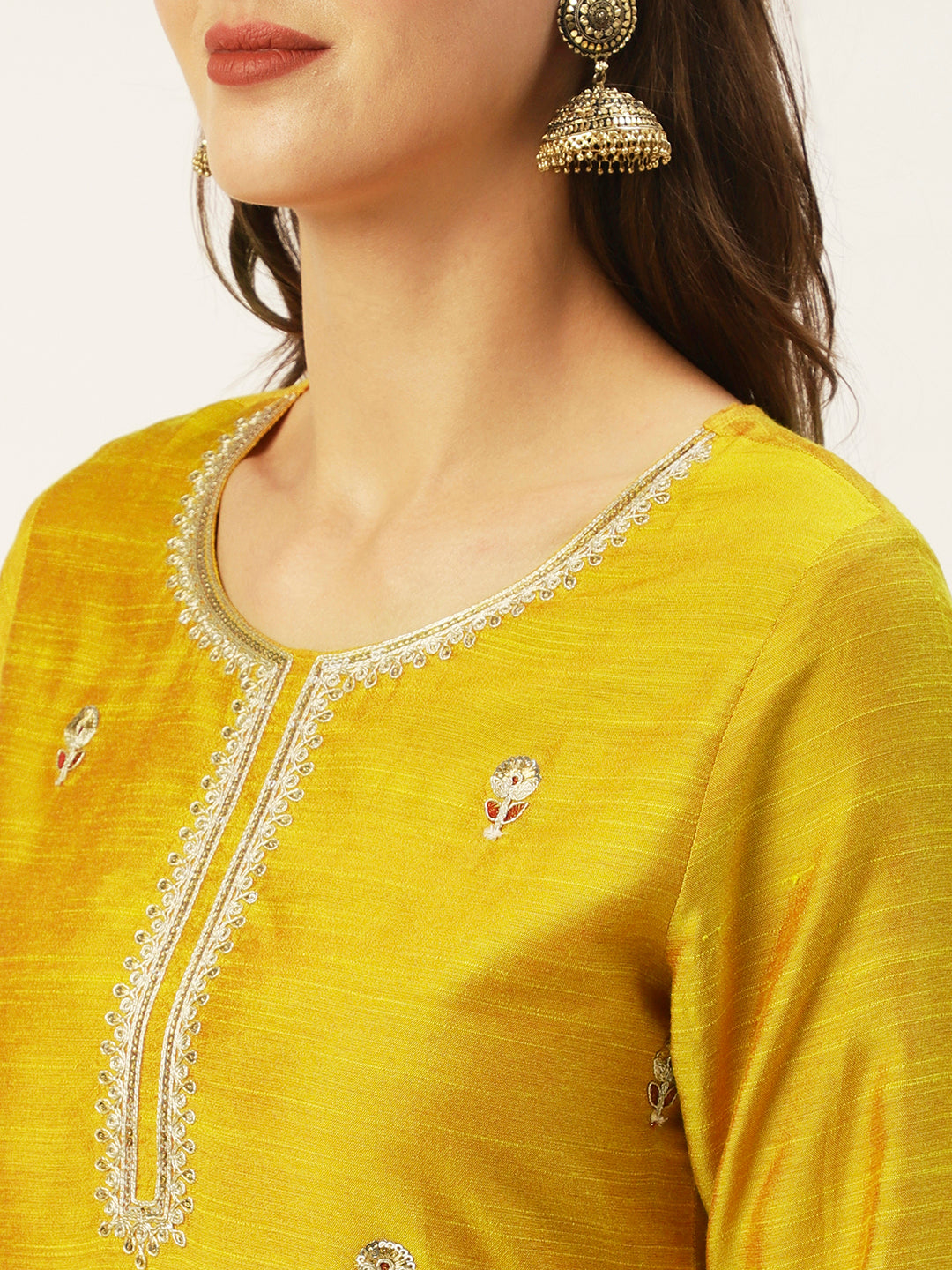 Ishin Women's Yellow Embroidered Straight Kurta with Trouser & Dupatta
