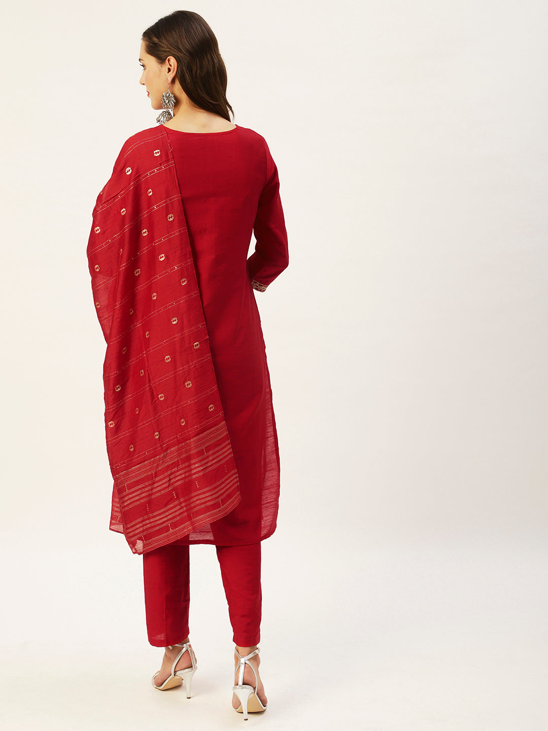Ishin Women's Red Yoke Design Straight Kurta with Trouser & Dupatta