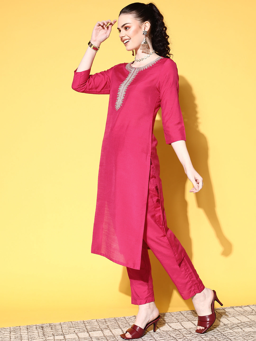 Ishin Women's Cotton Blend Magenta Yoke Design A-Line Kurta Trouser Dupatta Set