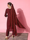Ishin Women's Cotton Blend Maroon Yoke Design A-Line Kurta Trouser Dupatta Set